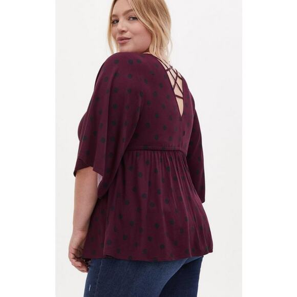 Torrid Babydoll Stretch Challis Top Polka Dot Burgundy Black Size 1X - Picture 1 of 9